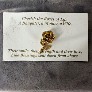 Gold Tone Rose Flower Lapel Pin with Sentiment Card USA Spring Mothers Day Gift